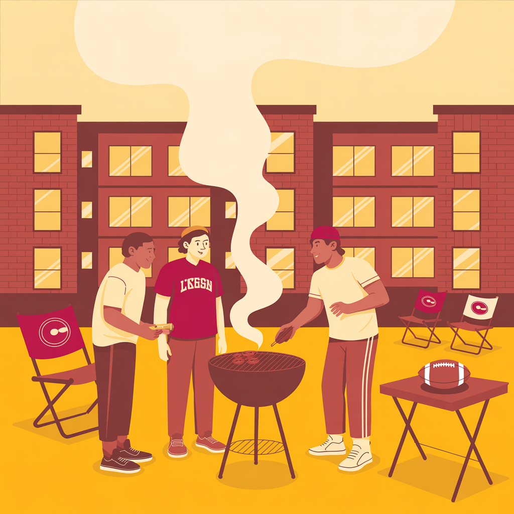 Illustration of a student apartment backyard near Bryant-Denny Stadium in Tuscaloosa