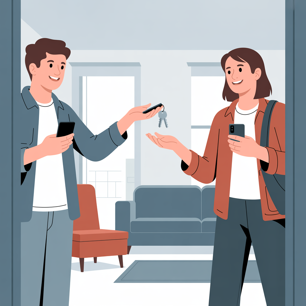 Two college students exchanging apartment keys during a sublease handoff at a Tuscaloosa apartment