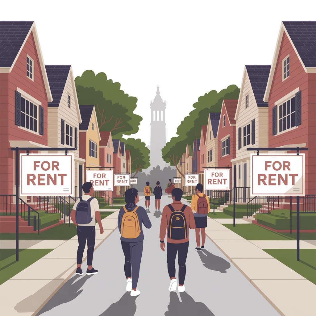 Affordable rental homes near University of Alabama — students with backpacks walk down a tree-lined neighborhood street past rows of townhomes and houses with "For Rent" signs, with a campus bell tower visible in the distance