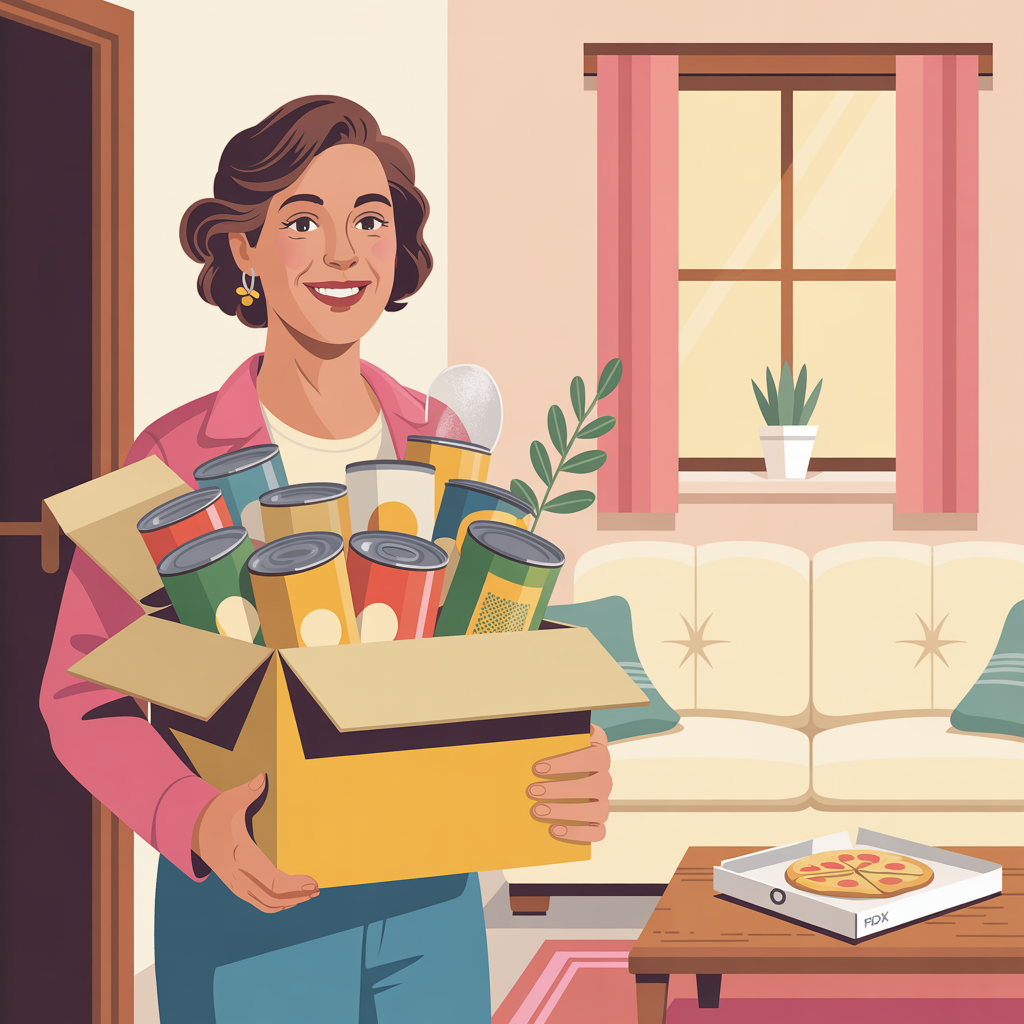 Illustrated mother standing in a college apartment doorway holding a care package, smiling warmly despite the chaos behind her