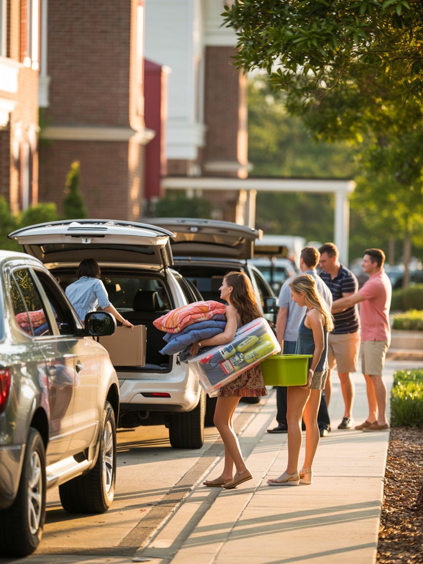 University of Alabama students and parents moving into off-campus apartments in Tuscaloosa during August move-in week