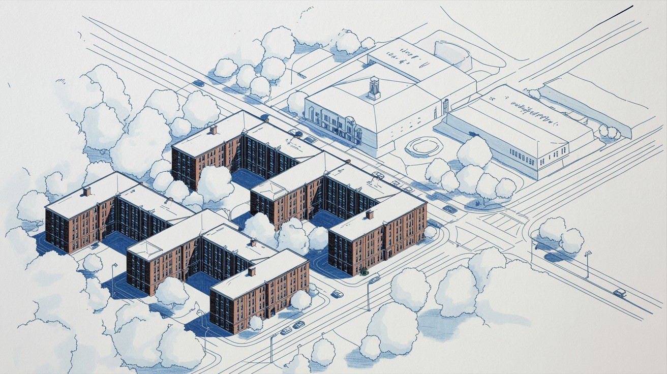 Illustration of apartment complex layout.